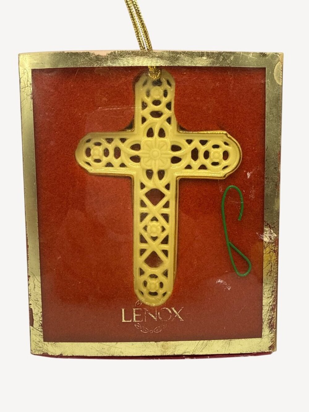 Vintage Lenox Christmas Ornament Porcelain Cross 3"x4" Gold Trim Latticework Box - Picture 2 of 5